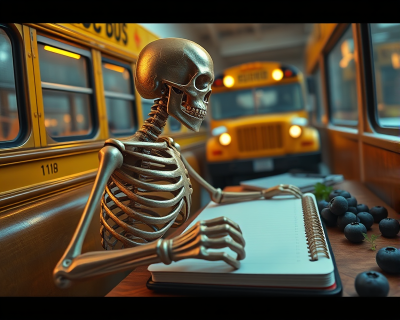 gold, skeleton, school bus, notebook, blueberry